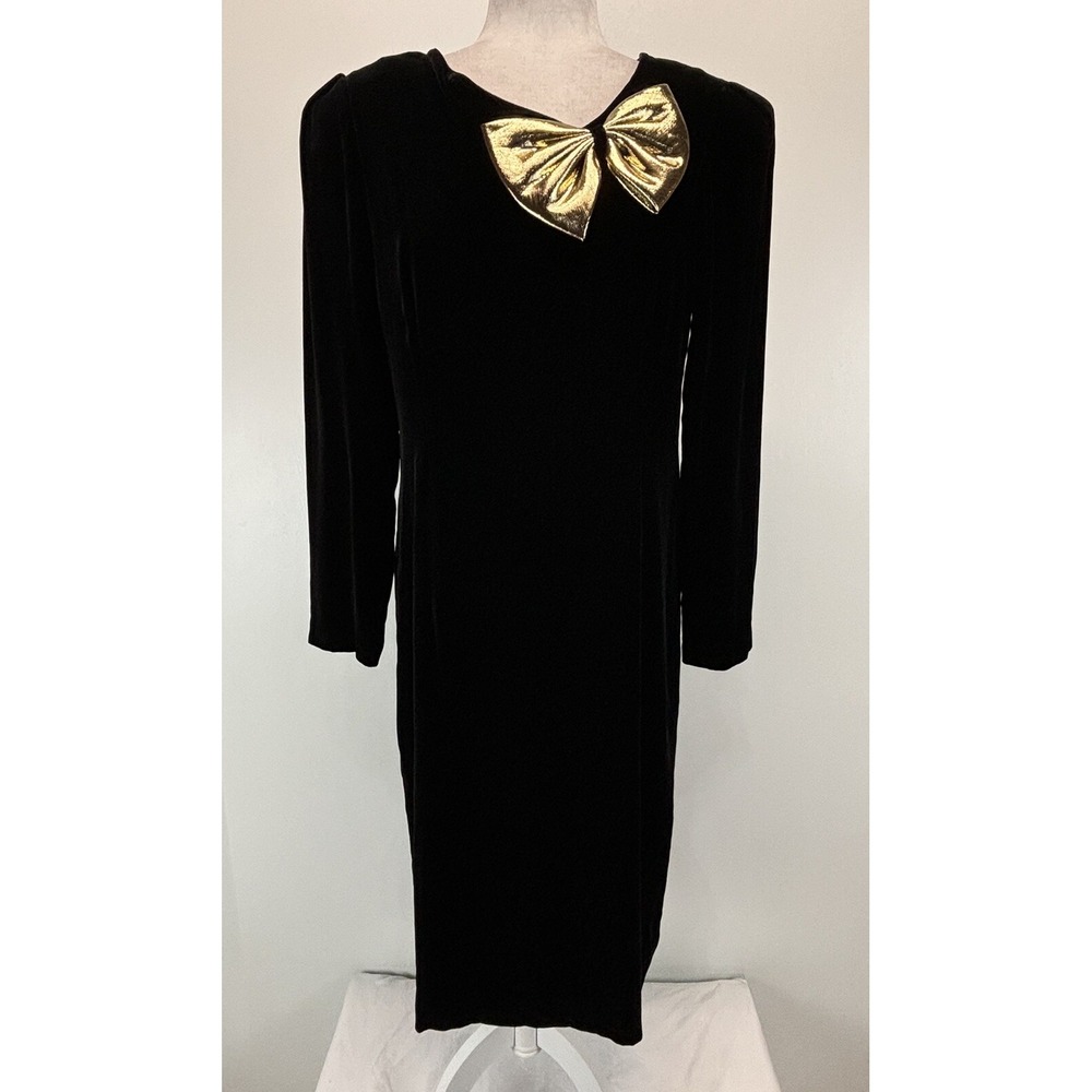 Vtg Halston iii Black Velvet Dress Sz 8 Women's Gold Bow Knee length 90s Holiday